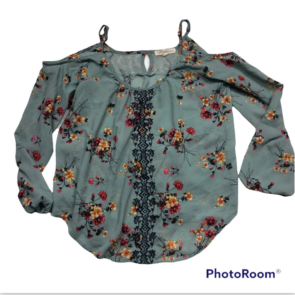 Rewind Green Floral Cold Shouldered Blouse with Lace Backing size Small
